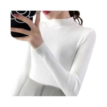Imagem de Suéter Feminino De Gola Alta Slim Fit Para Outono/Inverno, Tricô Vinta