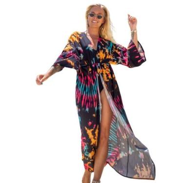 Imagem de Saída de Praia Longa Estampada Túnica Kimono Elegant Piscina -, Preto,