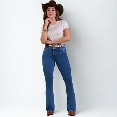 Imagem de Calça Country Feminina Strass Flare Jeans Grosso Bill Way, Azul, Claro