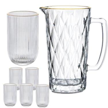 Imagem de Kit Jarra De Vidro Diamond 1L + 6 Copos 460ml Borda De Ouro - KEH136, 