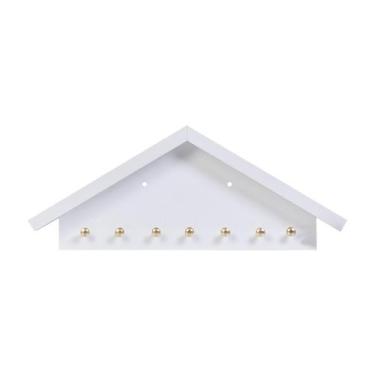 Imagem de Porta Chaves MDF Branco Formato Casa 7 Ganchos Dourados Organizador de
