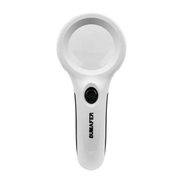 Imagem de Lupa de Mão Leds 4x Ampliação 60MM Ultravioleta Formato Ergonômico Plástico Bumafer 125MM