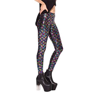 Imagem de Aivtalk legging feminina sexy escamas de peixe com lantejoulas comprimento total calça legging, Preto, Small