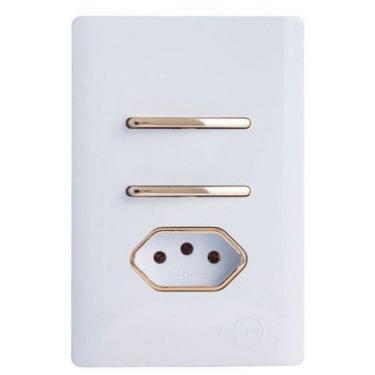 Imagem de Cj Interruptor Duplo Simples + Tomada 10A Com Suporte 4X2 - Dicompel Novara Branco Gold - Dnv1200/23Brgd