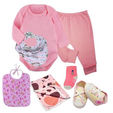 Imagem de Kit Roupa de Bebê 7 Pças Body Mijão Babador Cueiro Sapatinho