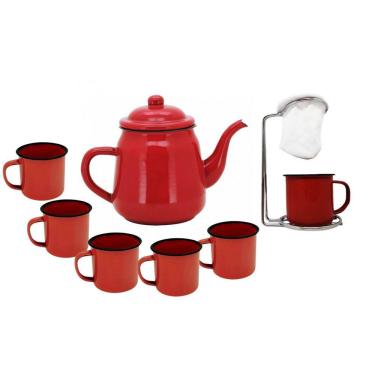 Imagem de Kit Bule Esmaltado Vermelho 6 Canecas e Mini Coador Café Aço Cromado - Mundial Import