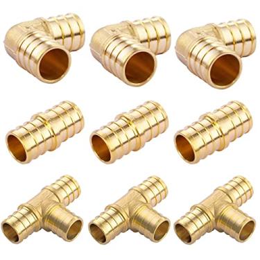 Imagem de Litorange Tee T PEX de 1,9 cm e cotovelo de 90 graus e acoplamento reto de 1,9 cm (pacote com 9) encaixes/encaixes de tubulação de crimpagem de latão sem chumbo