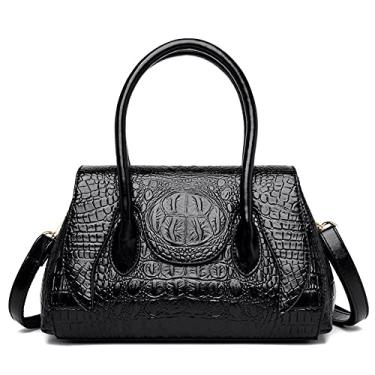 Imagem de Bolsa de ombro clássica de couro com estampa de crocodilo bolsa de mão para mulheres média moderna clássica bolsa de ombro, Preto