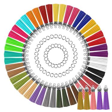 Imagem de Paxcoo Borlas para fabricação de joias, 50 peças de pingentes de borla de couro a granel com 50 anéis de salto para fabricação de joias, pulseiras, chaveiros de acrílico e suprimentos de artesanato