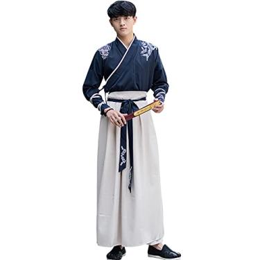 Imagem de Yajun Cosplay Hanfu vestido masculino roupas chinesas tradicionais Tang Dynasty fantasia antiga clássica dança palco roupão longo, azul, 2GG (busto: 110cm)