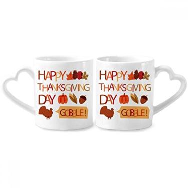 Imagem de Conjunto de canecas de porcelana para casais, estampa de peru, dia de Ação de Graças, abóbora, coração