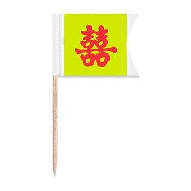 Imagem de Double Happiness Marriage Words Bandeiras de palito de dente, marcação de rotulagem para bolo de festa, comida e queijos