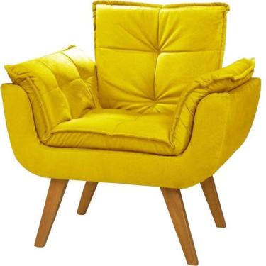Imagem de Poltrona Decorativa Opalla Suede Amarelo Pés Palito Caramelo Para Sala
