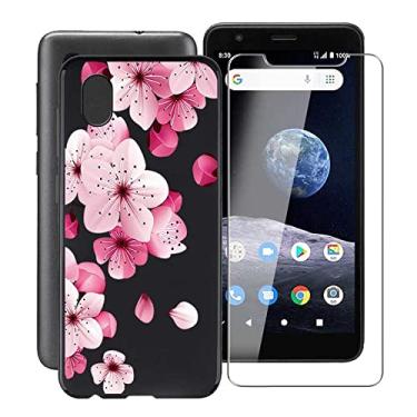 Imagem de HGJTF Capa de telefone para ZTE Blade A3 Plus (5 polegadas) com 1 película de vidro temperado, à prova de choque, capa de silicone preta, fina, macia, TPU (poliuretano termoplástico) para ZTE Blade A3 Plus - Flor de pêssego