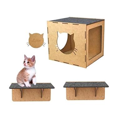 Imagem de kit play para gato de parede em mdf com 1 nicho 2 prateleira