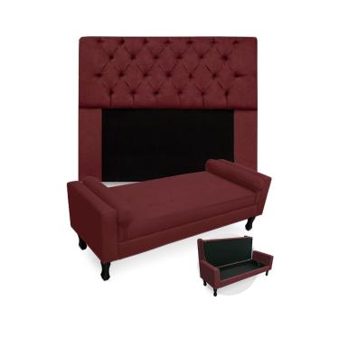 Imagem de Kit Cabeceira Estofada Mirage E Recamier Baú Fenix Solteiro 90 cm Suede Vermelho Bordo - LM DECOR