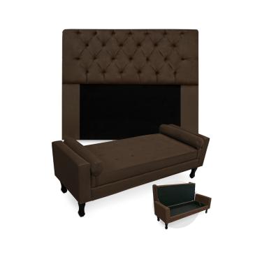 Imagem de Kit Cabeceira Estofada Mirage E Recamier Baú Fenix Casal 140 cm Suede Marrom - LM DECOR