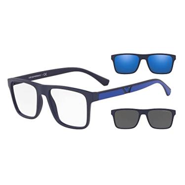 Imagem de Emporio Armani Armação masculina Ea4115 para óculos de grau com dois clipes de sol intercambiáveis retangulares, Azul escuro fosco/transparente/cinza/azul espelhado, 54 mm