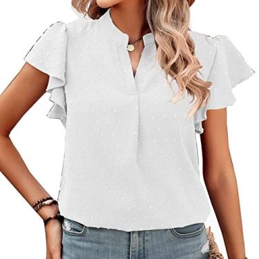 Imagem de Camiseta feminina casual de manga curta, verão com babados camisetas femininas chiffon decote em V pulôver leve, branco, P (busto: 97 cm)