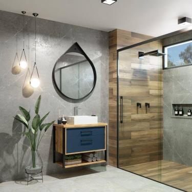 Imagem de Conjunto para Banheiro Gabinete 80cm 2 Gavetas Isabela com Cuba e Espelheira Darabas Agardi Azul Petróleo