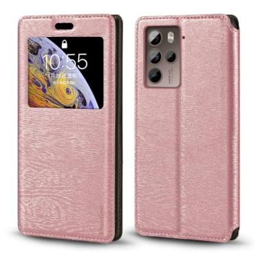 Imagem de Shantime Capa para HTC U23, capa de couro de grão de madeira com porta-cartão e janela, capa flip magnética para HTC U23 Pro (6,7 polegadas) ouro rosa