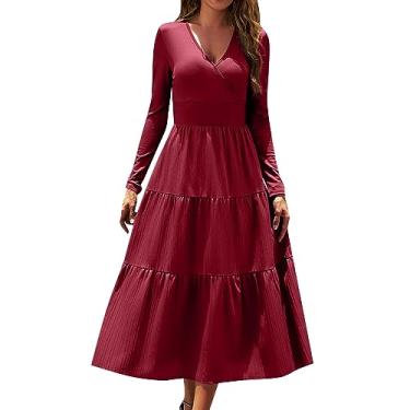 Imagem de UIFLQXX Vestido de coquetel feminino cor pura vestido longo maxi manga longa decote em V cintura alta vestido evasê, Vermelho, P