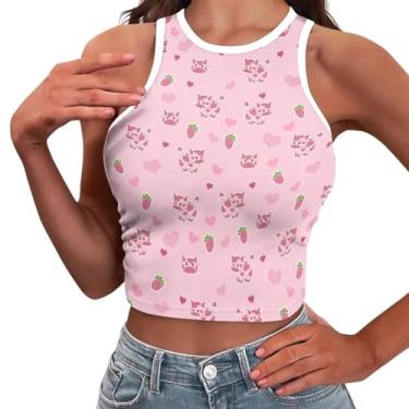 Imagem de Yewattles Top curto sexy para mulheres gola alta camisetas colete regata menina roupas de verão PP-2GG, Morango de vaca, GG