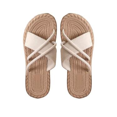Imagem de RoseSeek Sandálias rasteiras femininas cruzadas com bico aberto casual férias de verão camurça sintética sandálias deslizantes, Bege, 6