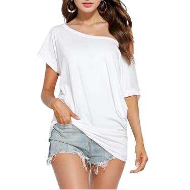 Imagem de Teepie Camisas femininas de ombro de fora casual manga curta ajuste solto um ombro tops túnica de verão tops, Branco, XXG