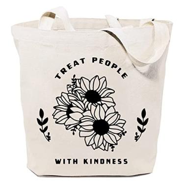 Imagem de SAUIVD Treat People With Kindness Sacolas de lona de presente, girassol, algodão, sacolas de compras, reutilizáveis, laváveis, Bege, One Size