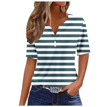 Imagem de Camiseta feminina Summer Dependence Day Henley mangas curtas Red-White-Blue Striped 4th of July Clothes, Ag-1, GG