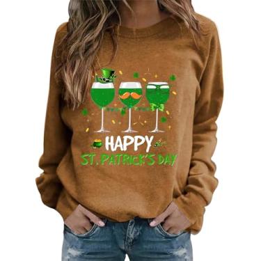 Imagem de Camisetas femininas do Dia de São Patrício de manga comprida verde Shamrock Lucky Camisetas de férias para sair desfile 2024, Caqui, GG