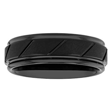 Imagem de STEEL NATION JEWELRY Aliança de casamento masculina de carboneto de tântalo 7 mm prata, cinza e preto com sulcos diagonais diagonais, Metal, desconhecido