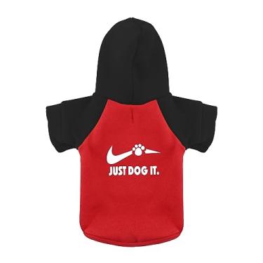 Imagem de Pawfectly Coordinated: Moletom com capuz de cachorro combinando com uma camiseta estampada "Just Dog It", roupas para animais de estimação e casaco de suéter tudo em um - perfeito para noites de inverno e frescas de verão! Vermelho e preto GG