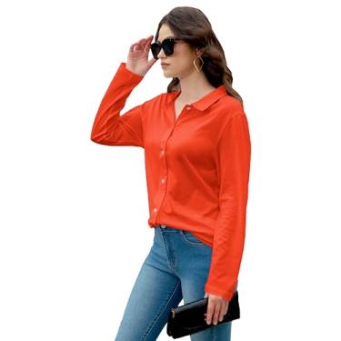 Imagem de Microsubtle Camisa feminina básica de algodão com botões, blusa de manga comprida com colarinho, leve, macia e confortável, Vermelho tomate, XXG