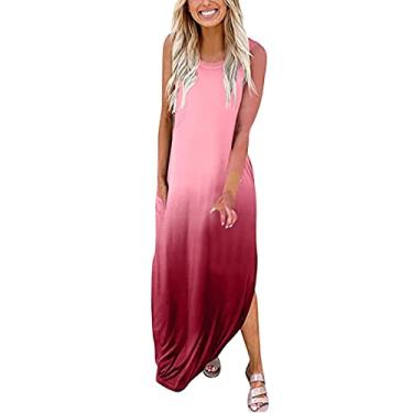 Imagem de Aniywn Vestidos de praia de verão para mulheres 2024 férias vestido maxi rodado vestido gradiente vestido sem mangas colete casual vestido com bolsos, Vinho A1, M