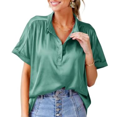 Imagem de Tankaneo Camisetas femininas de cetim de manga curta gola V blusa casual solta para trabalho de escritório, Verde, G