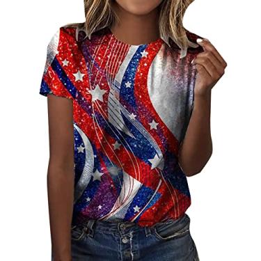 Imagem de Camiseta feminina com bandeira americana patriótica, manga curta, gola redonda, Memorial Day, 4 de julho, blusas soltas para sair, Vermelho, 4G