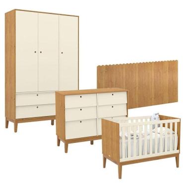 Imagem de Quarto de Bebê Unique 3 Portas com Cômoda 6 Gavetas e Painel Farm Freijó Off White Eco Wood - Matic