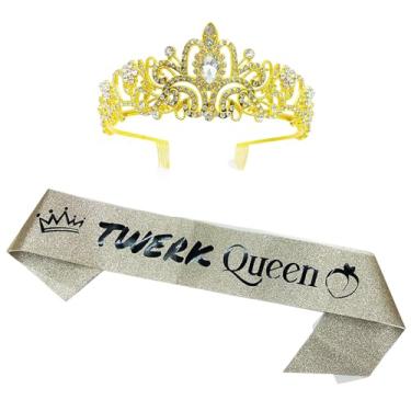 Imagem de Conjunto de tiara e faixa dourada para presente de festa princesa coroa concurso de dança chá de panela despedida de solteira acessórios de casamento, Standard, Plástico, Sem Pedra Preciosa