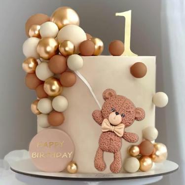 Imagem de 27 peças de ursinho marrom colorido, bolas de bolo, topos de bolo para aniversário, chá de bebê, decoração de festa (cáqui)