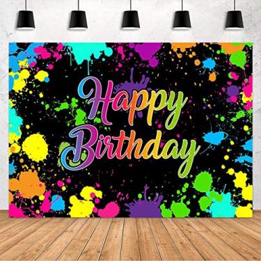 Imagem de Avezano Pano de fundo de aniversário neon com respingos de tinta de grafite colorido para feliz aniversário fotografia decoração de festa para meninas meninos crianças aniversário adereços para cabine de estúdio de foto (2,4 x 1,8 m)
