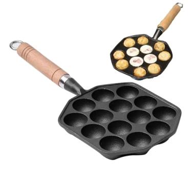Imagem de Panela Takoyaki De Ferro Fundido Antiaderente Com 14 Furos Takoyaki Maker Taiyaki Pan Aebleskiver Panela De Ferro Fundido Poffertjes Pan Mochi Maker Grill Pan Com Alça Removível