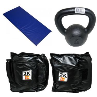 Imagem de Kit Colchonete Azul + Caneleira 2Kg + kettlebell Pintado 6kg - 1 Fit