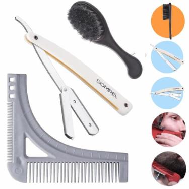 Imagem de Kit Barba 1 Escova + 1 Pente Modelador Desenha Barba + 1 Navalha Inox 
