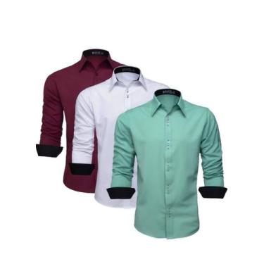 Imagem de Kit 3 Camisas Social Masculina Blusa Slim Manga Longa Luxo (Verde, Bra