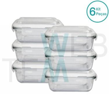 Imagem de Kit 6 Potes Herméticos Marmita de Vidro Retangular 640ml Tampa BPA Fre