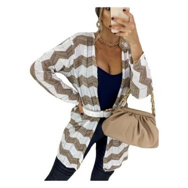 Imagem de Kimono Feminino Casaco Tricot Inverno Zig Listrado - EUC STORE, Branco