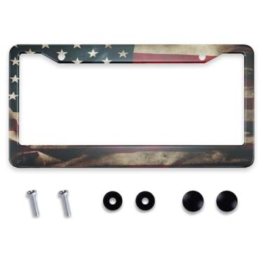Imagem de Smooffly Molduras de placa de licença vintage bandeira americana decorativas de metal personalizadas molduras de etiqueta frontal de carro suporte de placa de licença de alumínio para padrão EUA