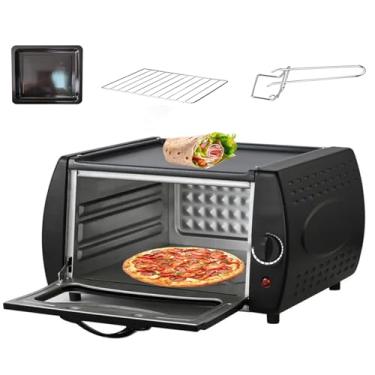 Imagem de Forno elétrico de pizza com controle de temperatura, máquina de fazer pão de 12L, forno elétrico 2 em 1, porta de vidro visual/placa superior quente, bandeja de cozimento/assadeira/alça de bandeja, 39